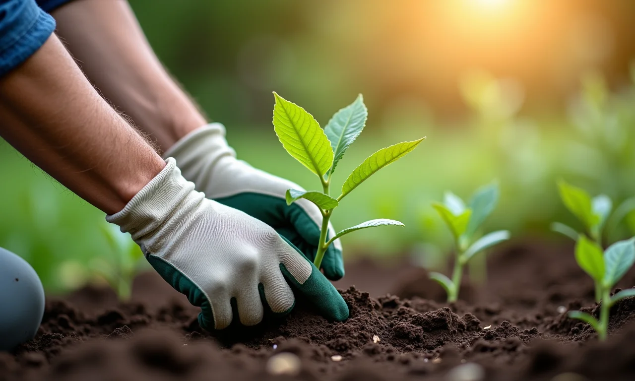 Jardineiro plantando muda para cerca viva, demonstrando o processo passo a passo.