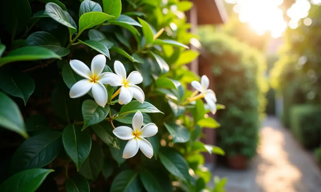 Como Plantar Jasmim e Ter um Perfume Doce no seu Jardim Jasmim florescendo em um jardim brasileiro ensolarado.