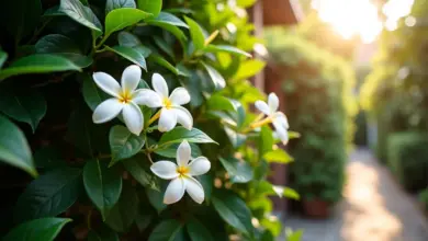 Jasmim florescendo em um jardim brasileiro ensolarado.