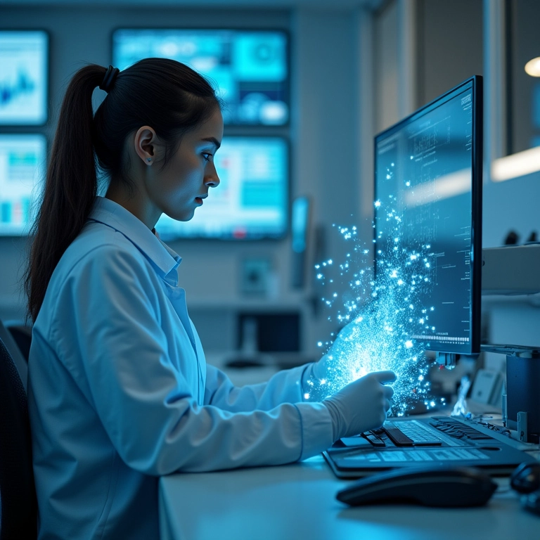 Laboratório de criminalística futurista com tecnologias avançadas.