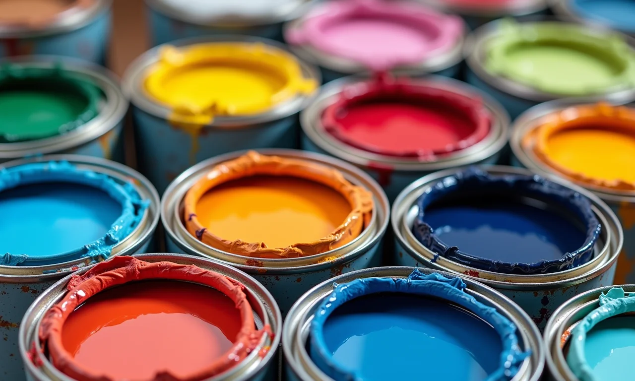 Latas de tintas acrílicas de diversas marcas populares dispostas de forma criativa.