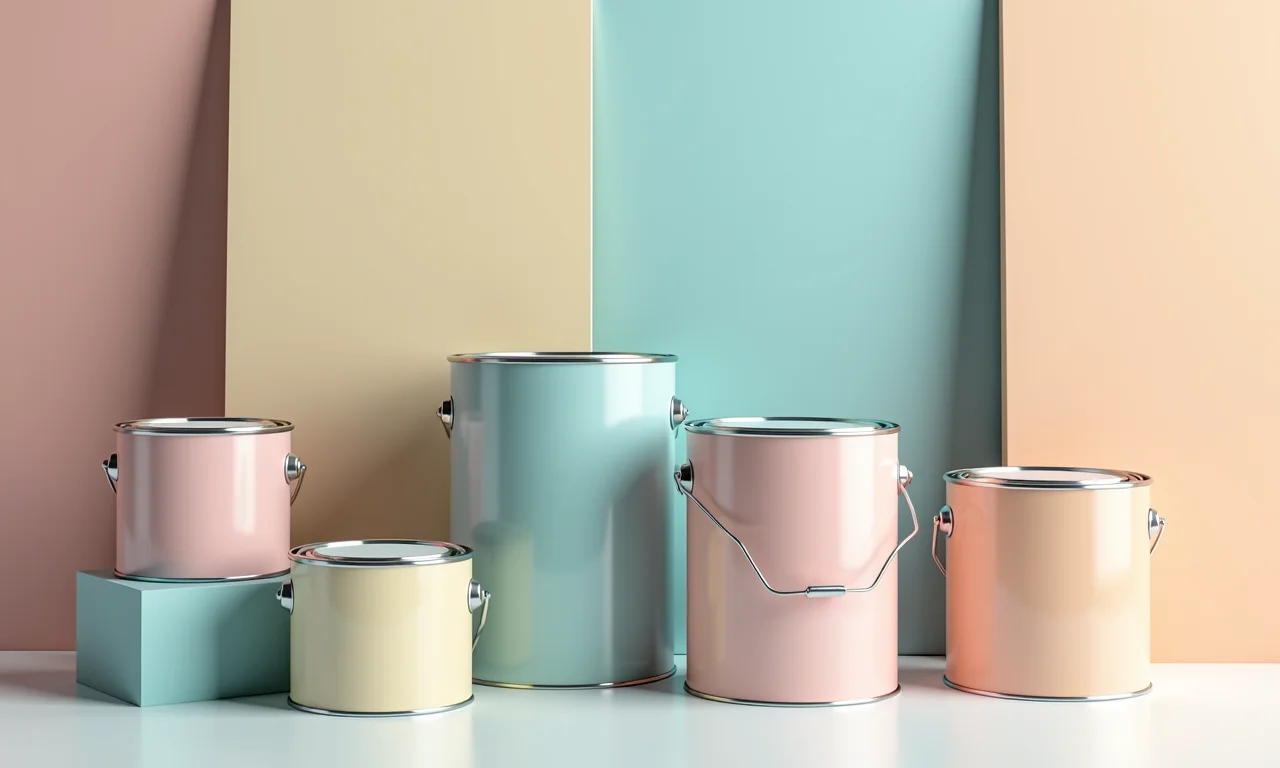 Latas de tintas látex de diversas marcas populares dispostas de forma criativa.