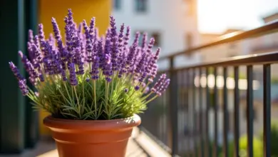 Lavanda roxa vibrante em vaso de terracota, sob a luz do sol.