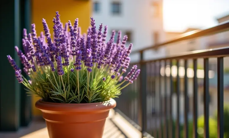 Lavanda roxa vibrante em vaso de terracota, sob a luz do sol.