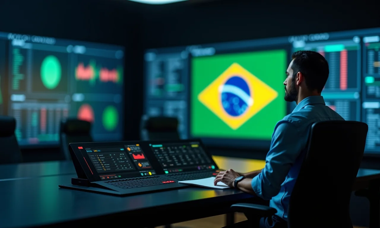 Líder administrando painel de controle complexo, representando a administração do Estado.