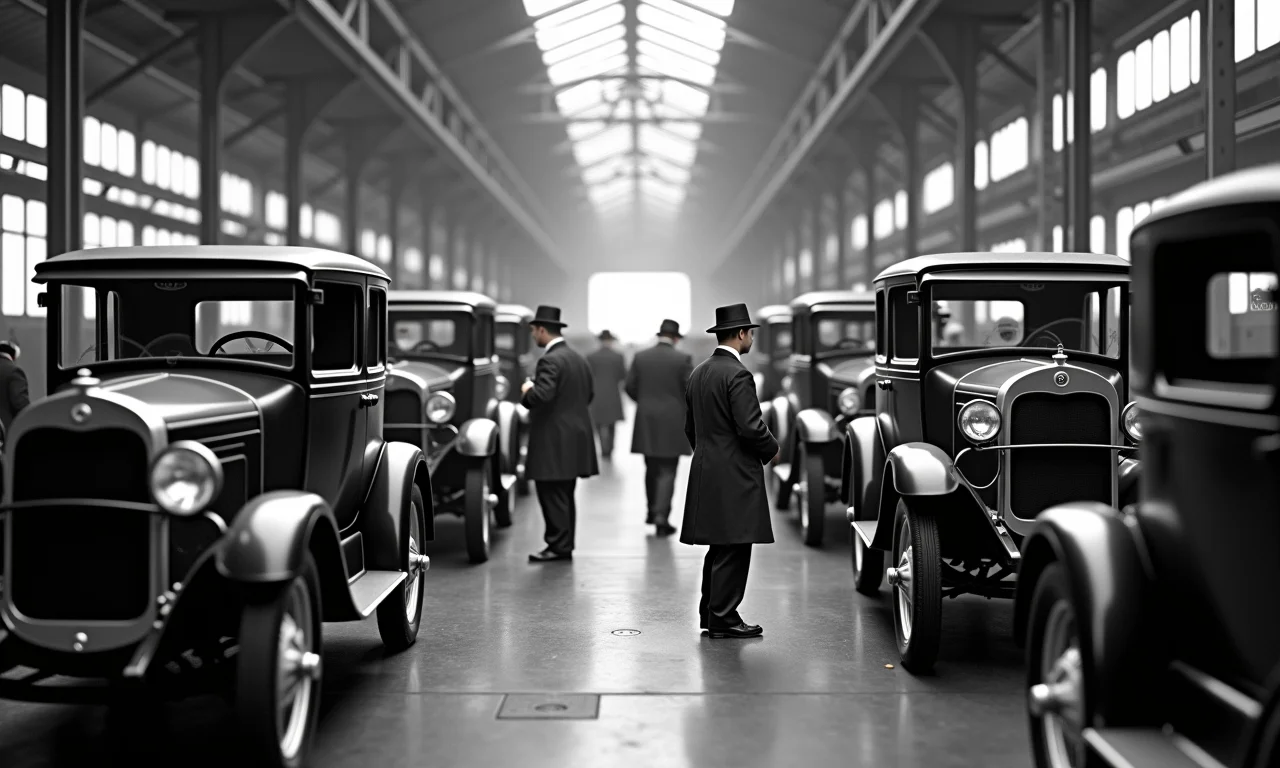 Linha de montagem da Ford nos anos 20 com produção em massa do Modelo T.