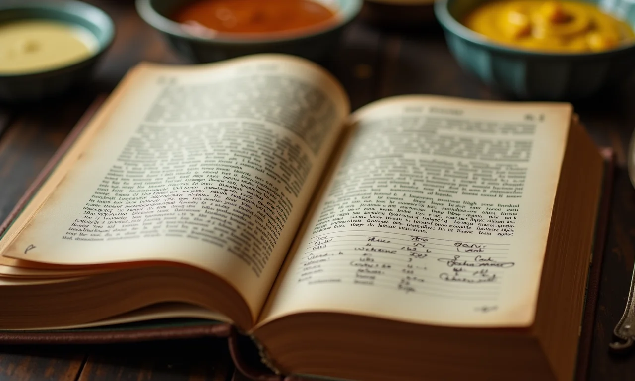 Livro de receitas antigo aberto na página da história do molho bechamel.