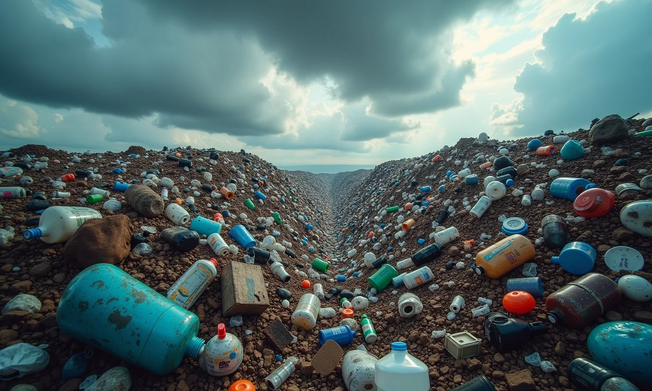 Lixão a céu aberto com resíduos acumulados, representando o impacto da economia linear.