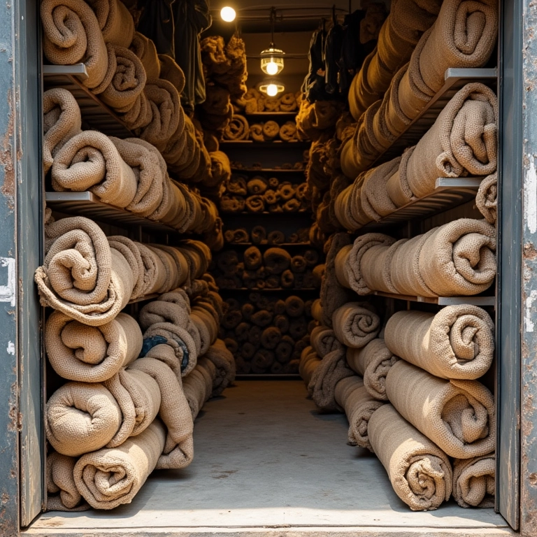 Loja de tecidos com rolos de juta em destaque e outros materiais de artesanato.