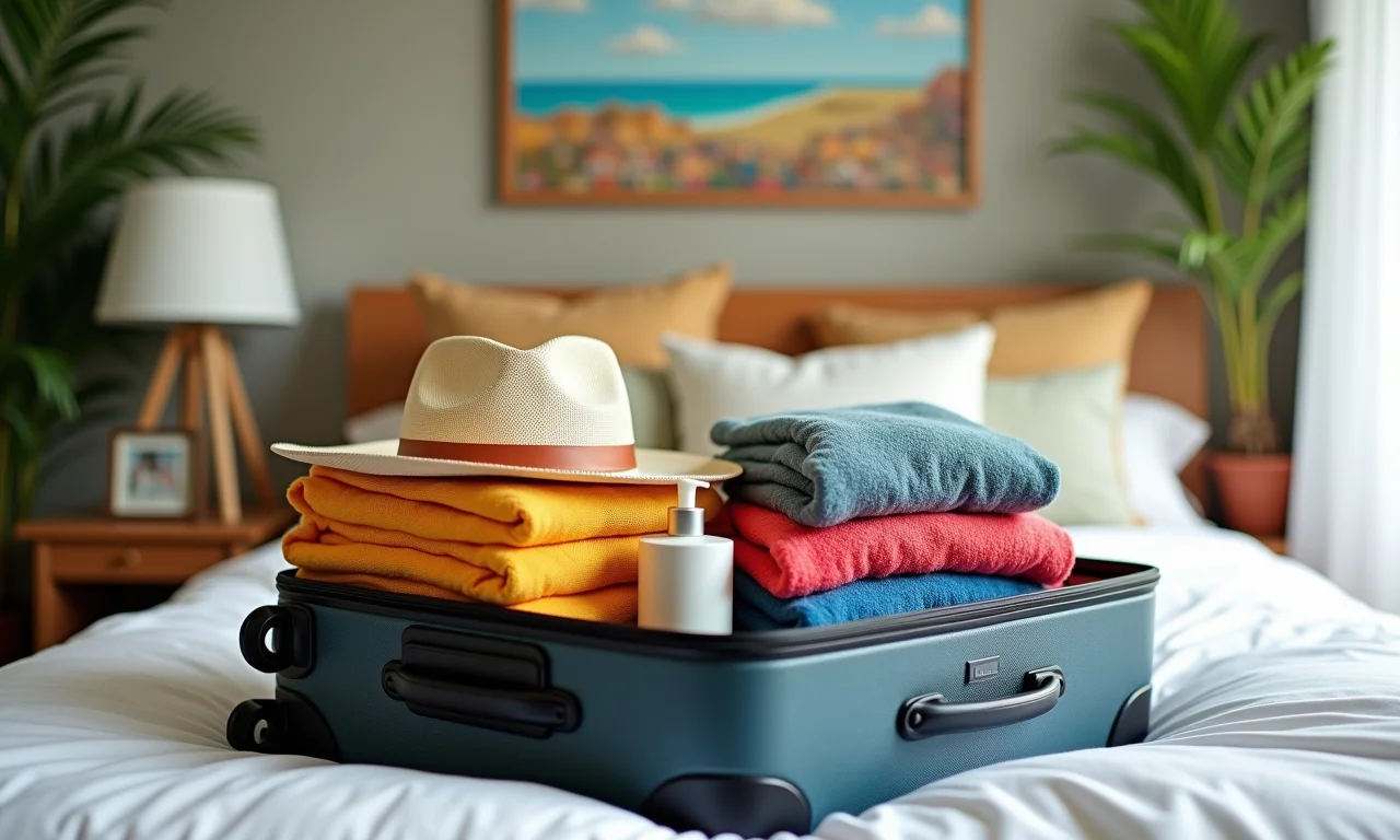 Mala aberta com roupas de verão dobradas, produtos de higiene e chapéu de sol.