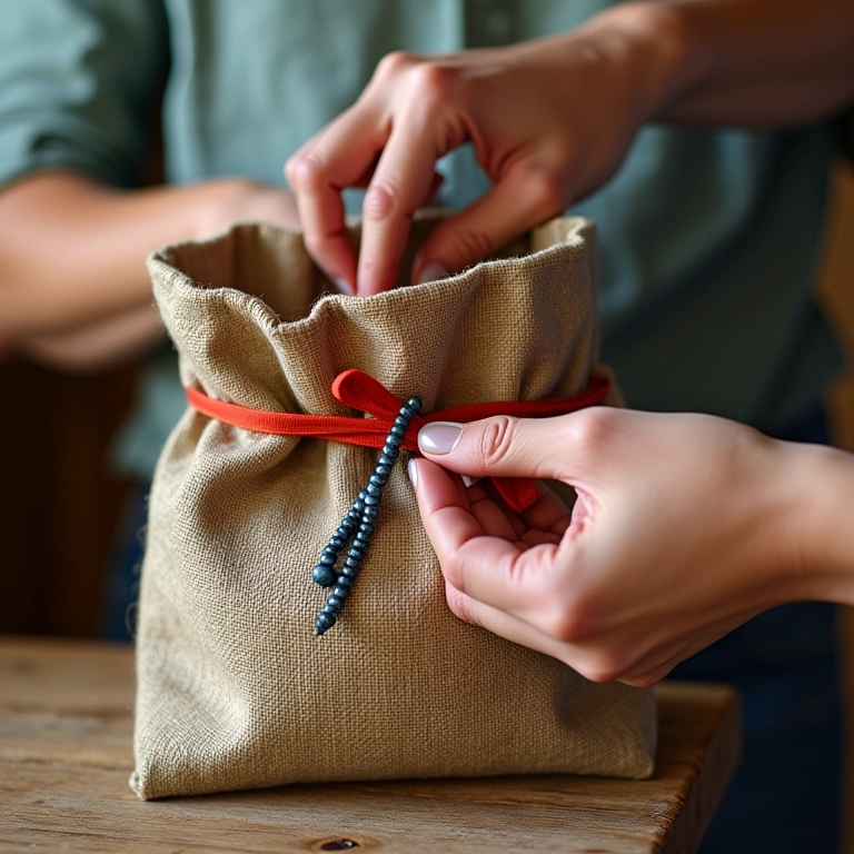 Mão adicionando detalhes decorativos a um saquinho de juta, como fitas e miçangas.