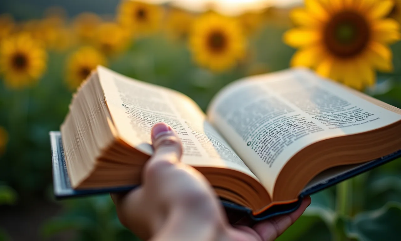 Mão segurando livro aberto com passagens importantes destacadas.