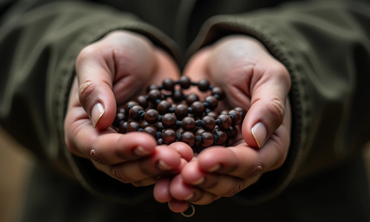 Mão segurando terço, representando dogmas e tradições religiosas.