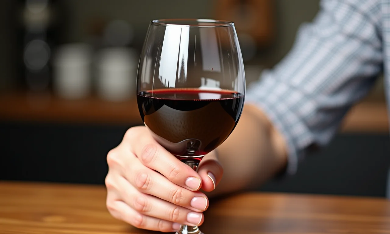 Mão segurando uma taça de vinho pela haste.