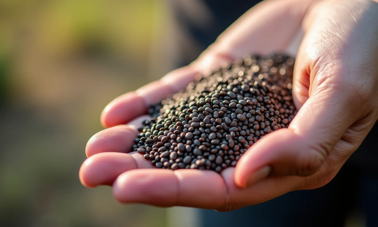 Mão selecionando sementes de chia orgânicas.