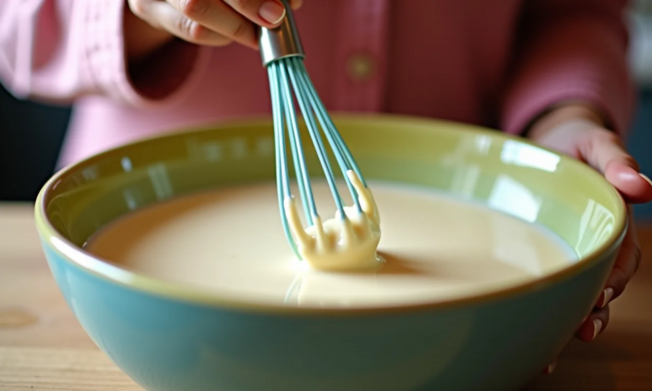 Mão usando fouet para misturar Toddy e leite em tigela