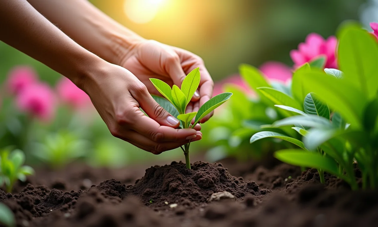 Mãos adubando uma azaleia em um jardim, close-up.