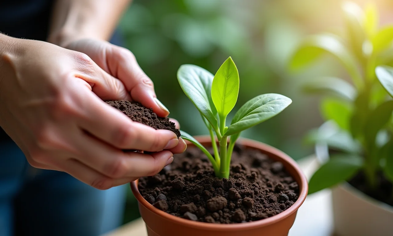 Mãos adubando Zamioculca em vaso.