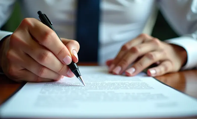 Mãos assinando contrato de trabalho, foco na proteção legal.