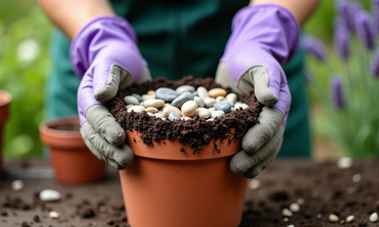 Mãos colocando pedras de drenagem em um vaso para plantar lavanda.