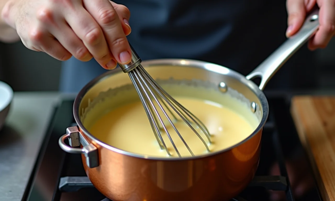 Mãos de chef mexendo molho branco em panela de cobre.