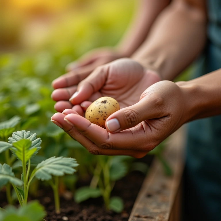 Mãos escolhendo batatas semente para plantio.
