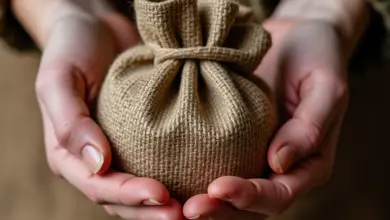 Mãos habilidosas criando um delicado saquinho de juta artesanal.