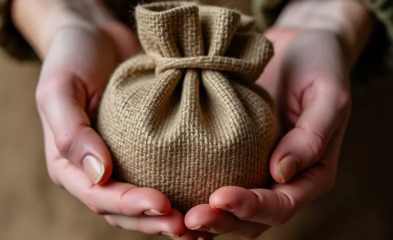 Mãos habilidosas criando um delicado saquinho de juta artesanal.