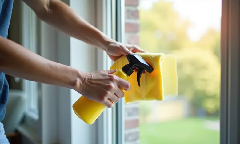 Mãos limpando janela de alumínio com spray e pano.