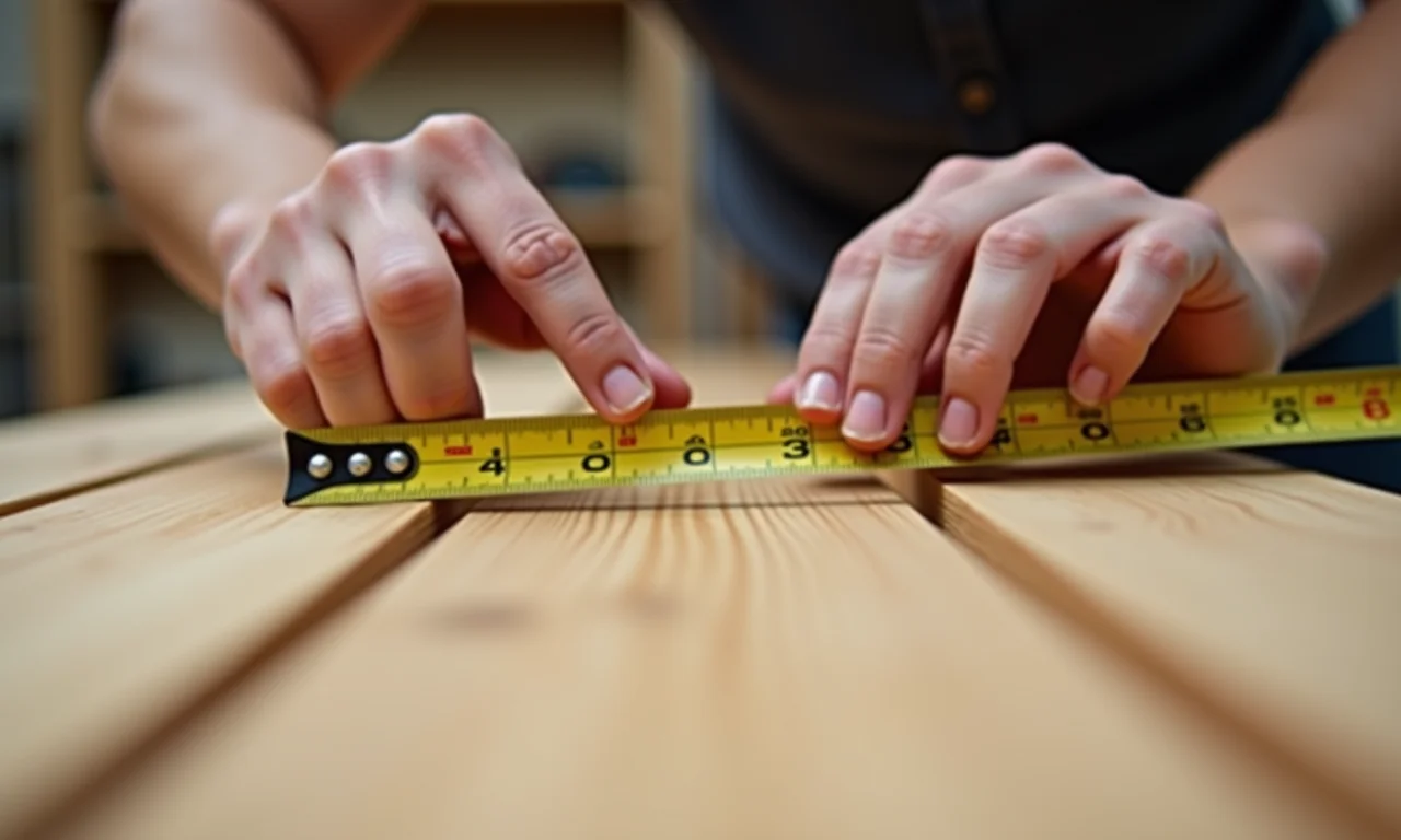 Mãos medindo a largura e o comprimento de uma tábua de madeira.