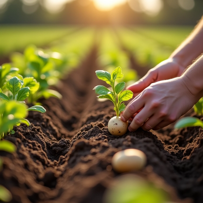 Mãos plantando batatas semente em fileiras.