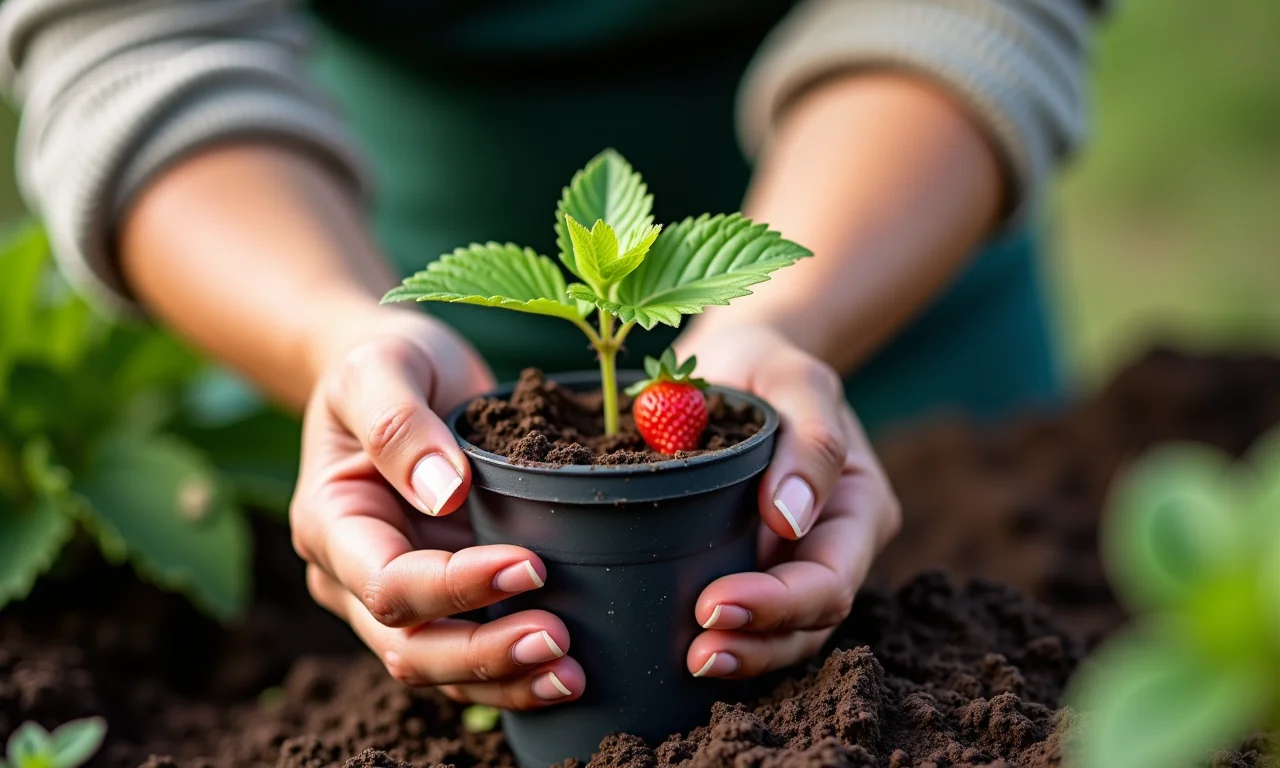 Mãos plantando muda de morango em cano de PVC com terra.