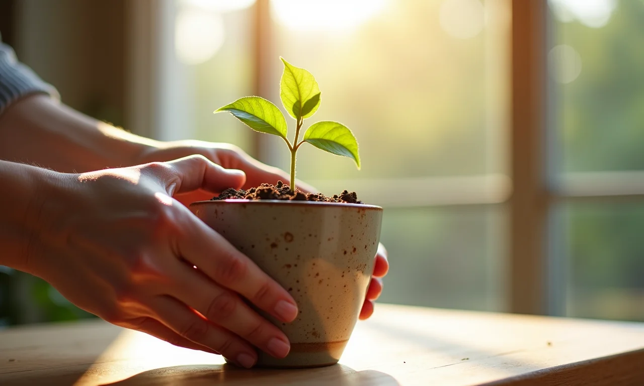 Mãos plantando Zamioculca em vaso de cerâmica.