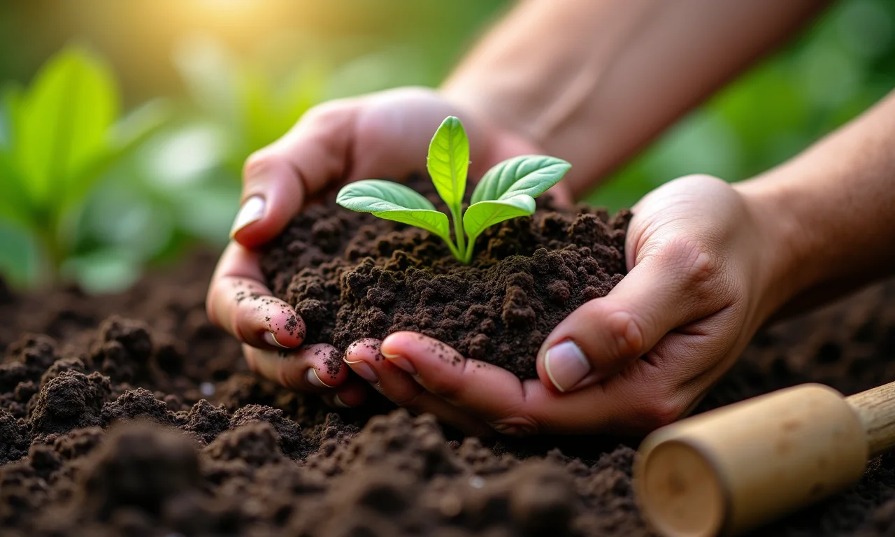 Mãos preparando o solo para o plantio de chia.