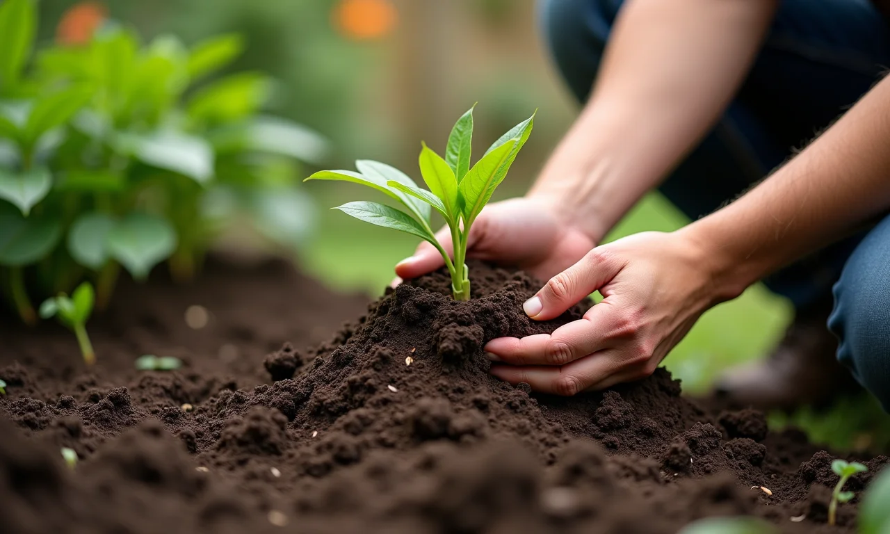 Mãos preparando o solo para plantio de physalis.