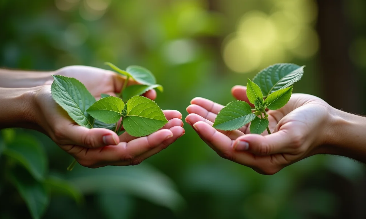 Mãos segurando amostras de plantas para cerca viva, comparando texturas.