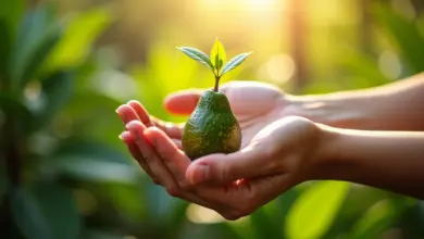 Mãos segurando caroço de abacate germinando.