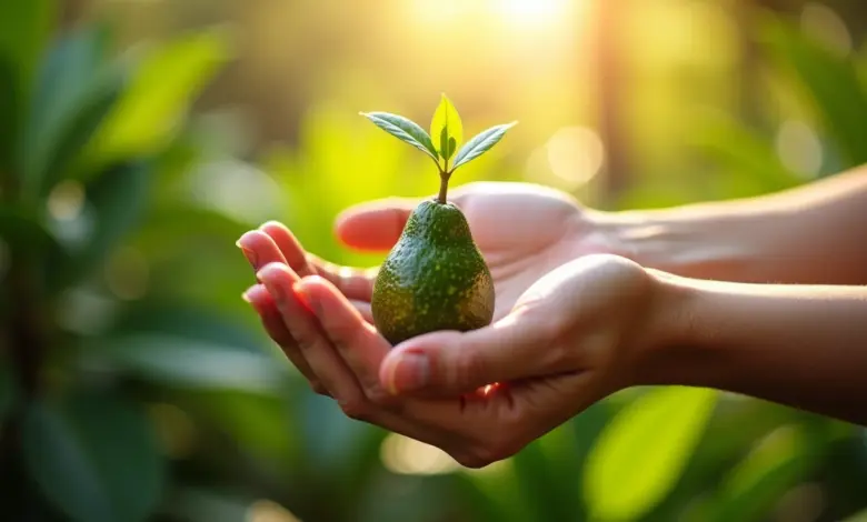 Mãos segurando caroço de abacate germinando.