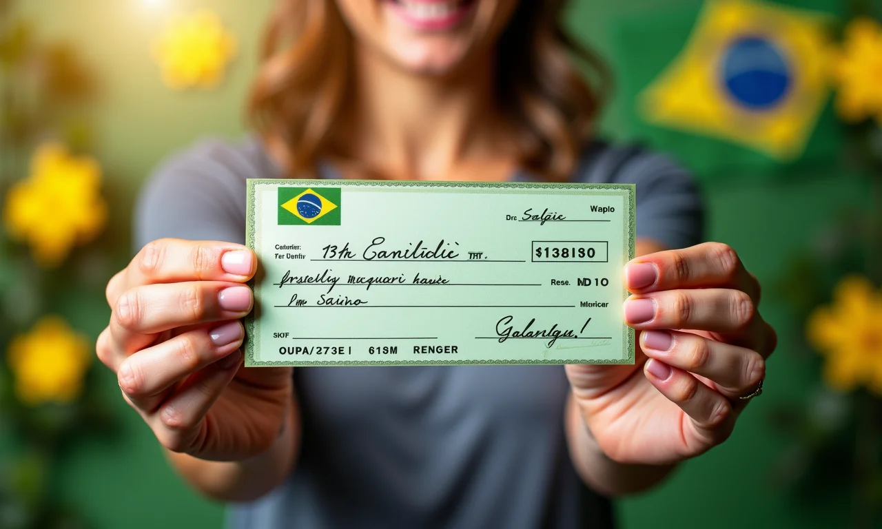 Mãos segurando cheque de '13º Salário' com fundo festivo brasileiro.