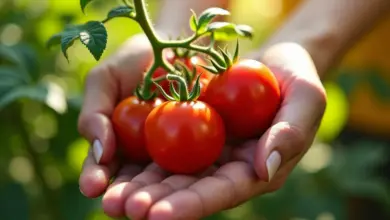 Mãos segurando planta de tomate cereja carregada de frutos vermelhos.