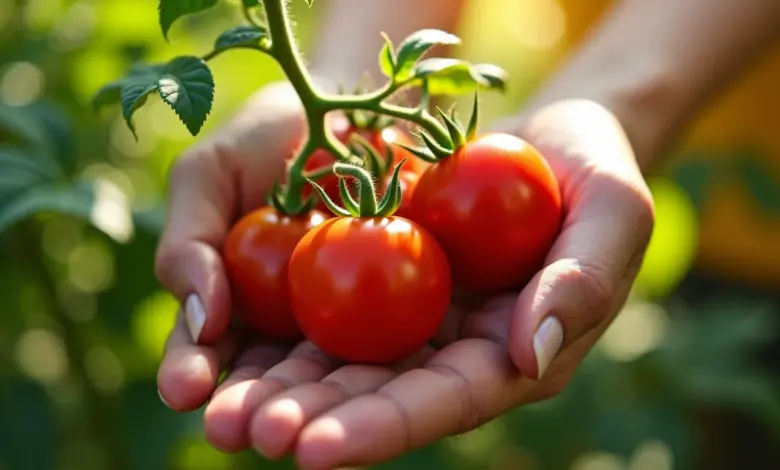Mãos segurando planta de tomate cereja carregada de frutos vermelhos.