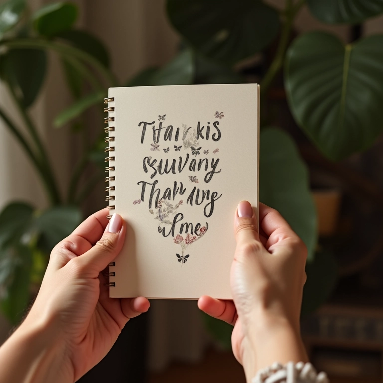 Mãos segurando um diário de gratidão em casa aconchegante.