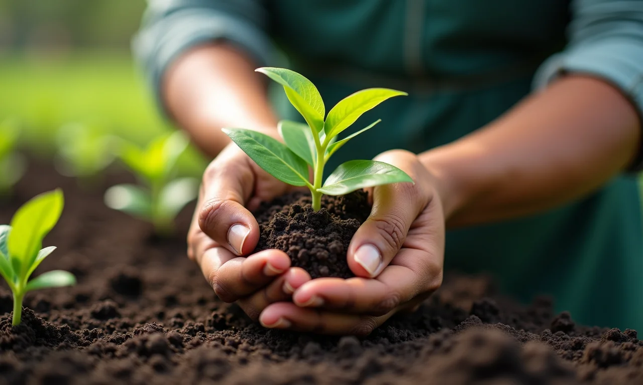 Mãos selecionando muda de abiu em viveiro.