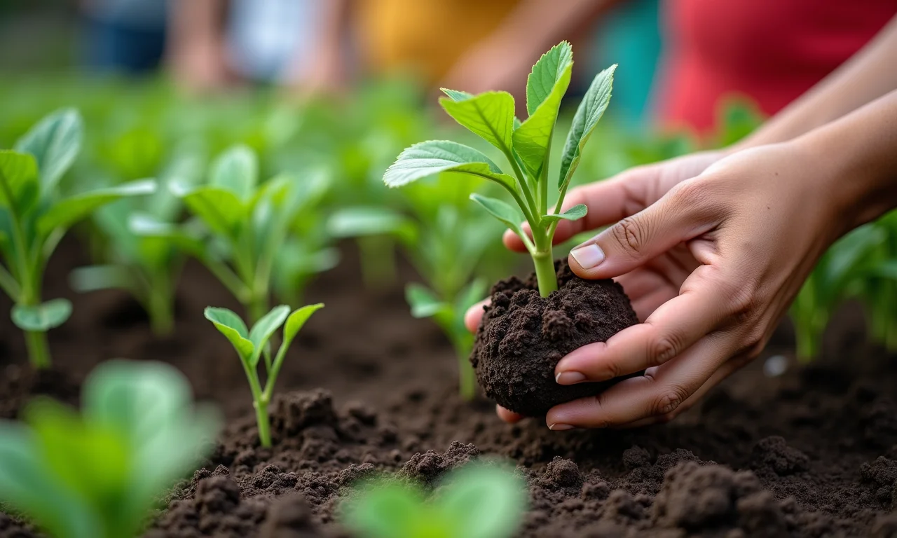 Mãos selecionando mudas de mamão em mercado brasileiro, focando em raízes saudáveis.