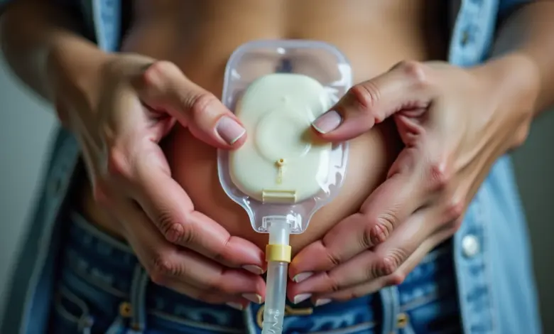 Mãos tocando suavemente uma bolsa de colostomia/ileostomia, transmitindo aceitação e cuidado.