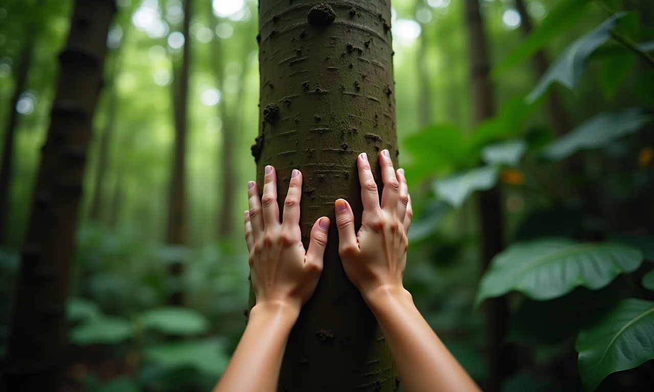 Mãos tocando tronco de árvore, representando conexão com a natureza e o universo.
