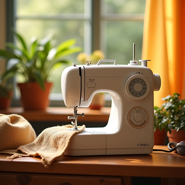 Máquina de costura doméstica em um ambiente alegre com tecido de juta.