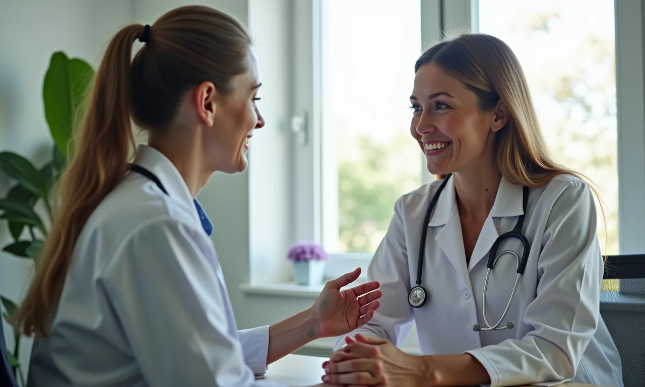 Médico atendendo paciente em consultório moderno.