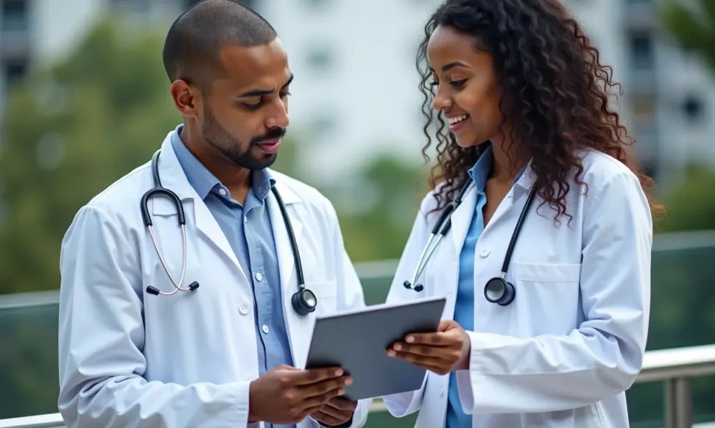 Qual A Diferença Entre Medicina E Biomedicina? Médico e biomédico colaborando em pesquisa médica.