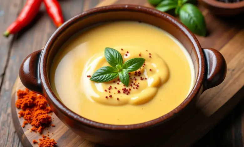 Molho branco cremoso em tigela rústica, com especiarias coloridas ao redor.